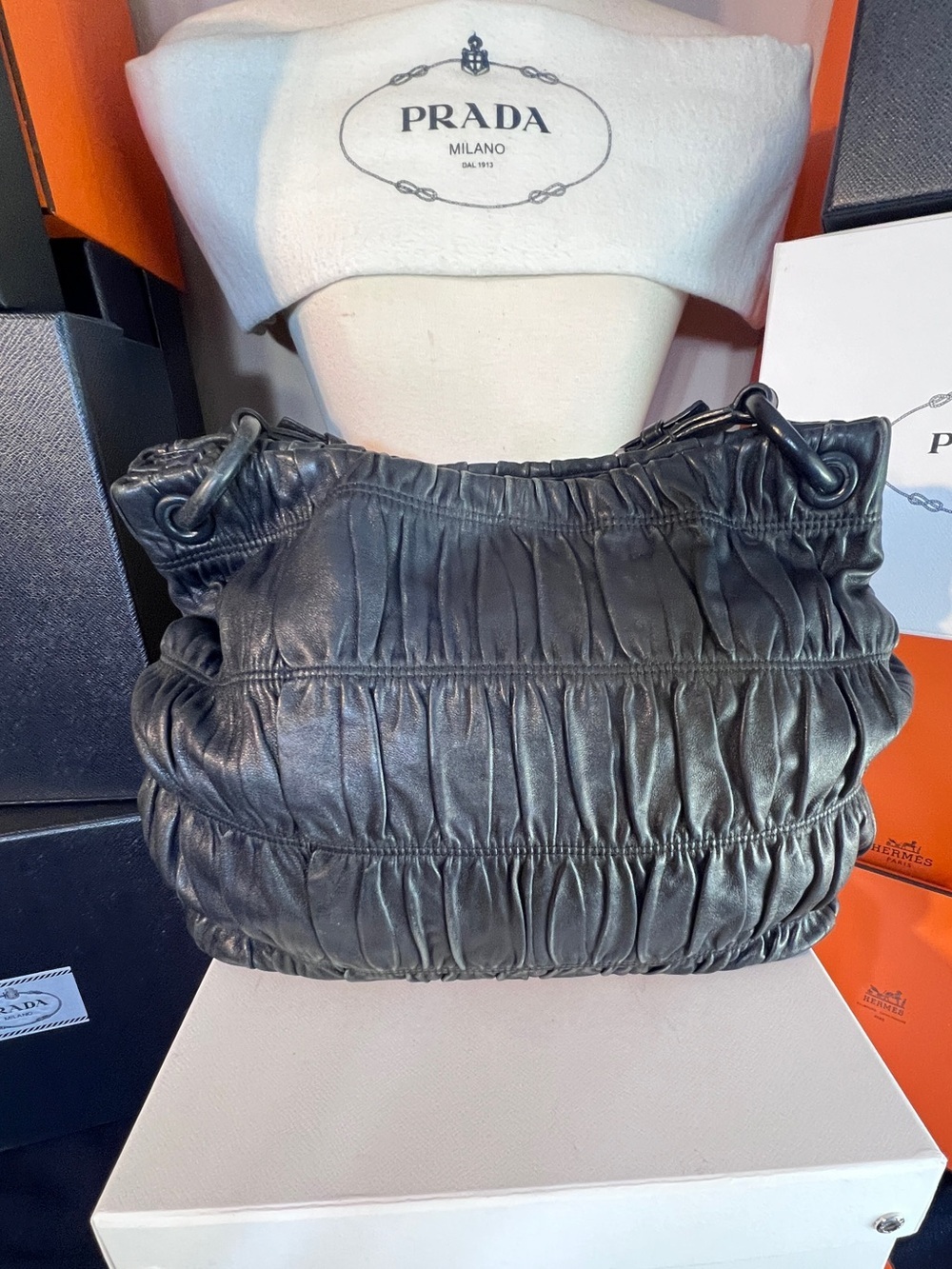 Prada BlackDark Gray Ruched Leather Hobo Bag! ⭐️⭐️Offers are always welcome! - Picture 5 of 15